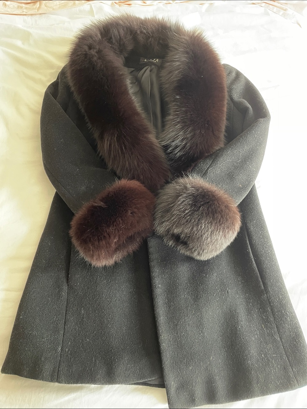 Black Wool Coat with Brown Fur Trim, Steve by Searle 2P - Picture 1 of 13